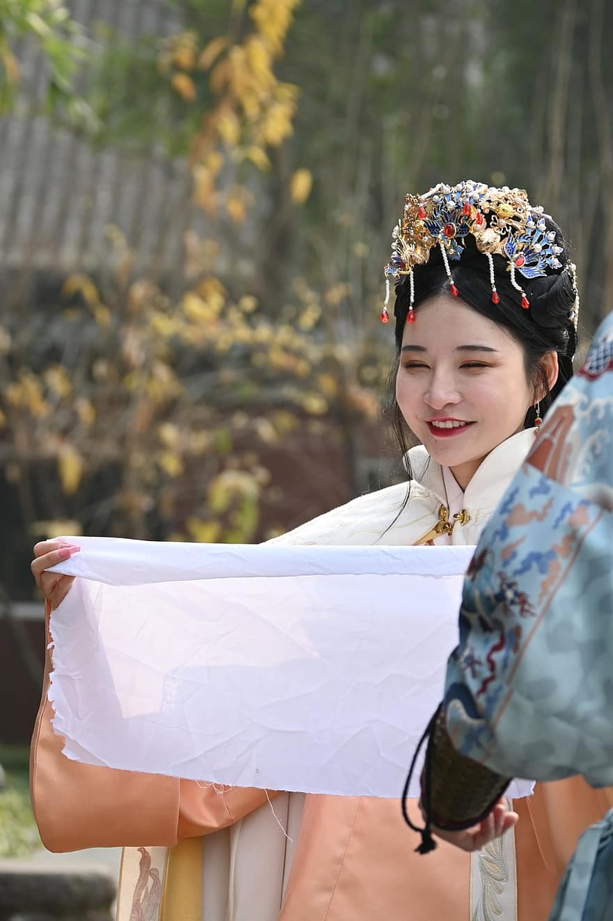 여자, 한푸, 미소, 헤어 액세서리, 전통적인, 문화, 중국말, 소녀