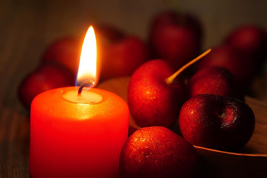 Candle, Fruit, Cherries, Fresh, flame, fire, natural phenomenon, close-up, backgrounds, burning, candlelight