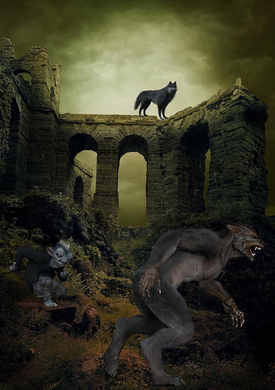 fons, ruïnes, místic, home llop, criatura, llop, antiga ruïna, animals a la natura, nit, arquitectura, bosc