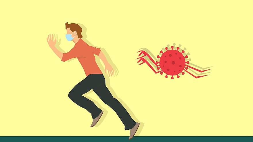 koronavirüs, virüs, korku, Kaçmak, sağlık, karikatür, koşu yolu, YAYILMIŞ, enfeksiyon, korkmuş, adam