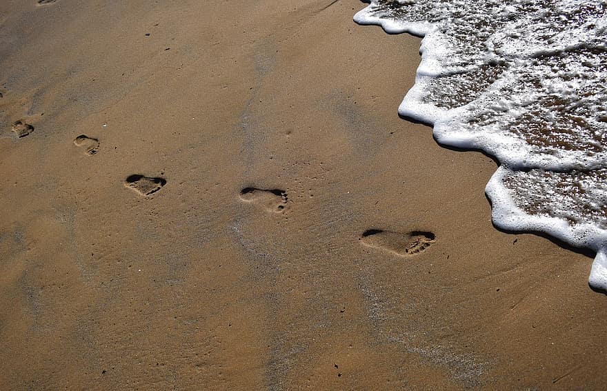 ビーチ、砂、足跡、指紋、海、ステップ、歩く、休日