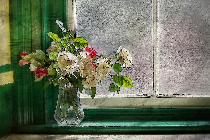 bunga, kecil, imut, vas, kaca, jendela, modern, putih, hijau, merah, mawar