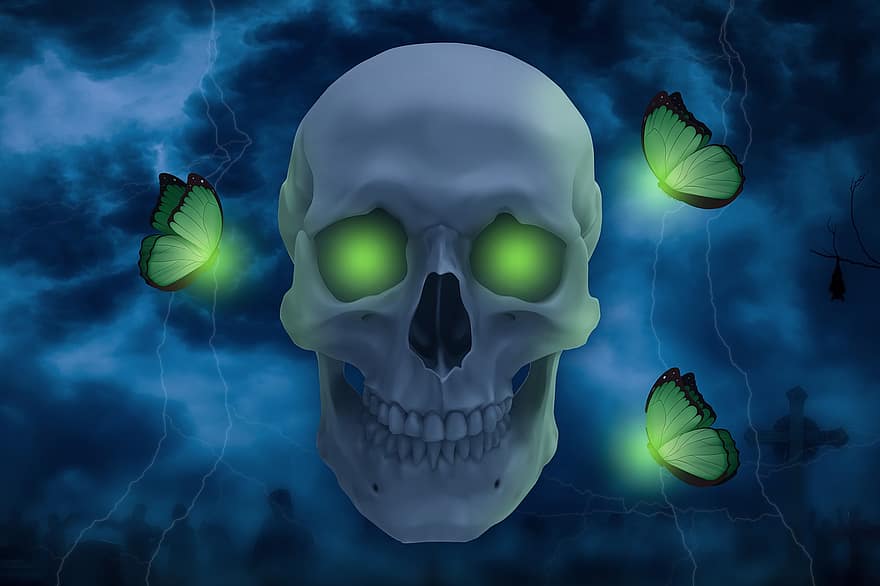 kranium, rædsel, halloween, sommerfugle, humørsyg, mørk, skræmmende, insekt, uhyggelig, illustration, baggrunde