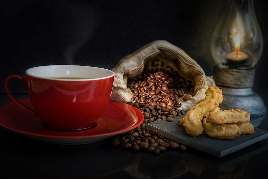 ドリンク、コーヒー、コーヒー豆、朝、朝ごはん、カフェイン、カップ、クッキー