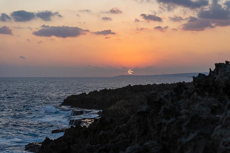 le coucher du soleil, Japon, île, côte, ciel, paysage, mer, Ouadomari, Kagoshima