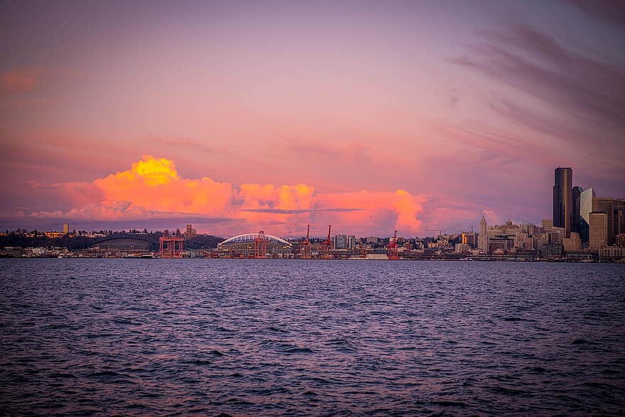 Seattle, bahía, puesta de sol, oscuridad, Puerto, puerto, ciudad, horizonte, costa, mar, agua