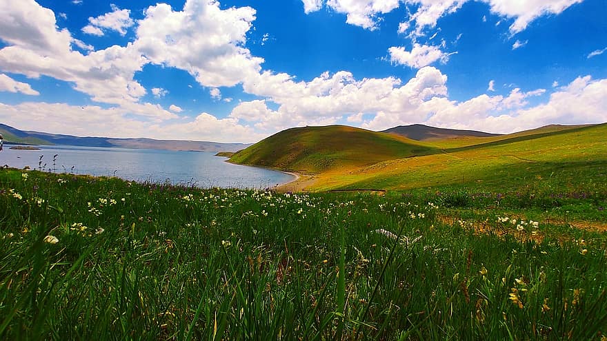 Lake, Grass, Meadow, Hills, Sky, Clouds, Nature