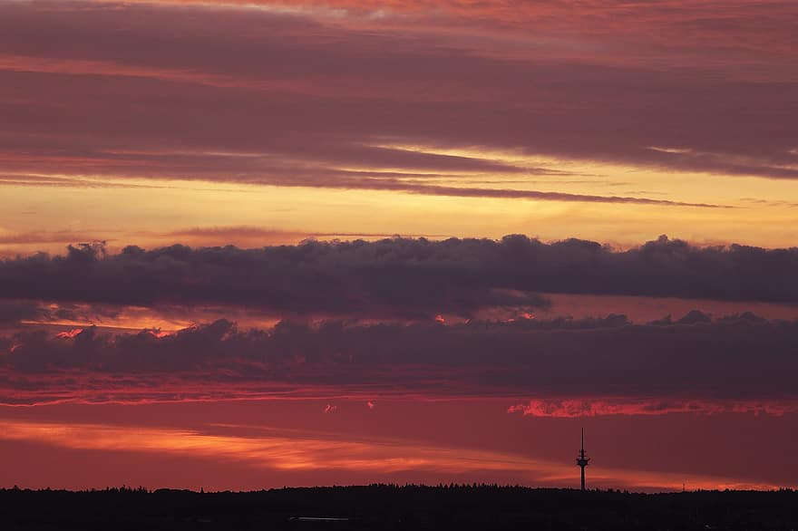 solnedgang, Schönbuch, Abendstimmung, tv tårn, himmel, skyer, atmosfærisk