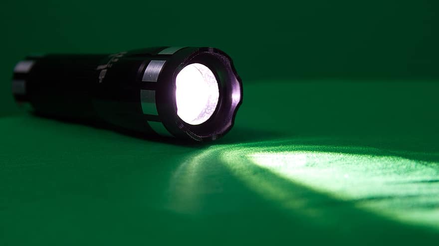 Flashlight, Light, Led, Lamp, On, Led Lamp, Bright, equipment, close-up, single object, green color