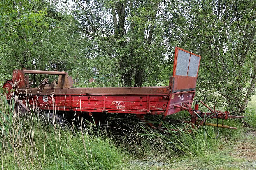 Manure Spreader, Trailer, Meadow, Grass, Agricultural Machinery, Agriculture, Rural