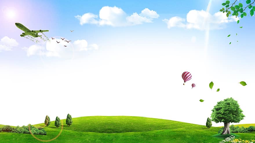 samolot, Balony na gorące powietrze, pole, słoneczny, niebo, Tapeta, trawa, łąka, drzewo, krajobraz, lato