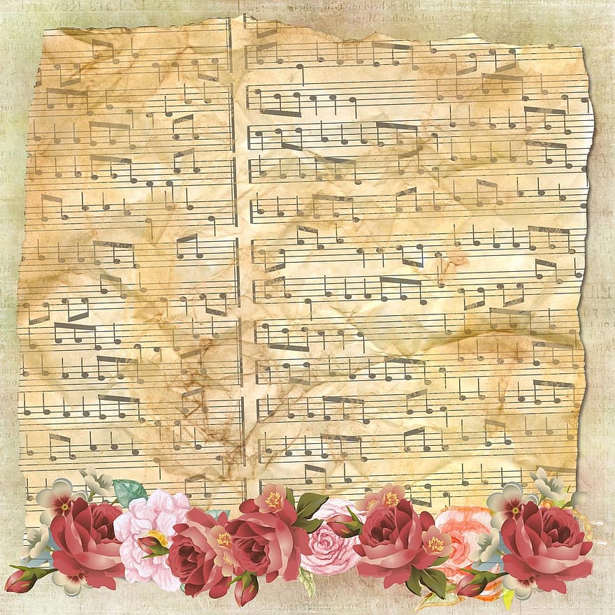 фон, старий, пергамент, музичний, нотатки, троянди візерунком, червоний, романтичний, картки, чай, чашка
