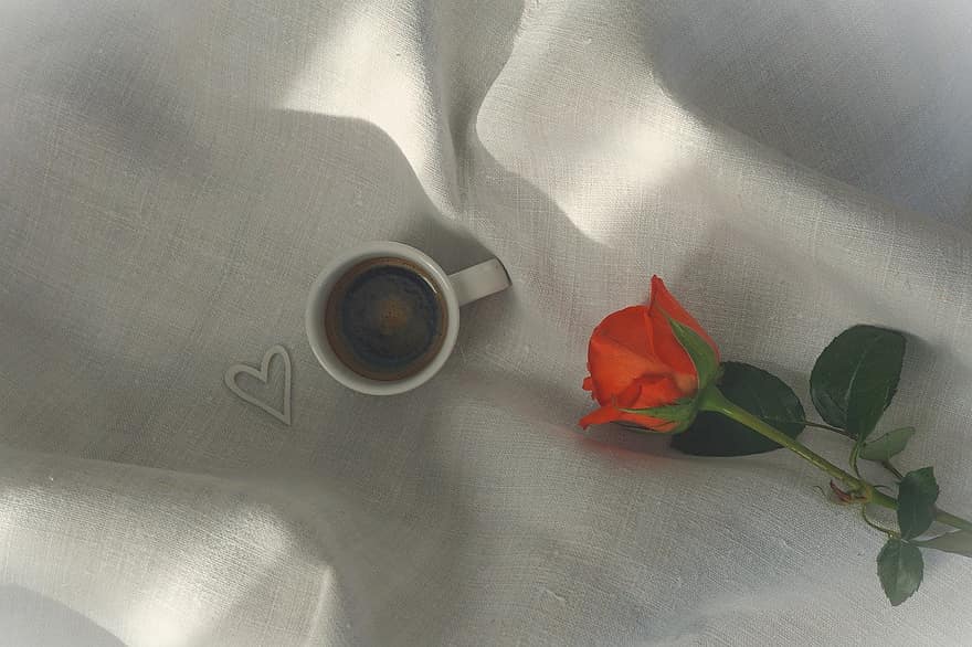 espresso, kava, pakilo, širdis, pusryčiai, žiedas, žydi, ryte, romantika, meilė, gerti