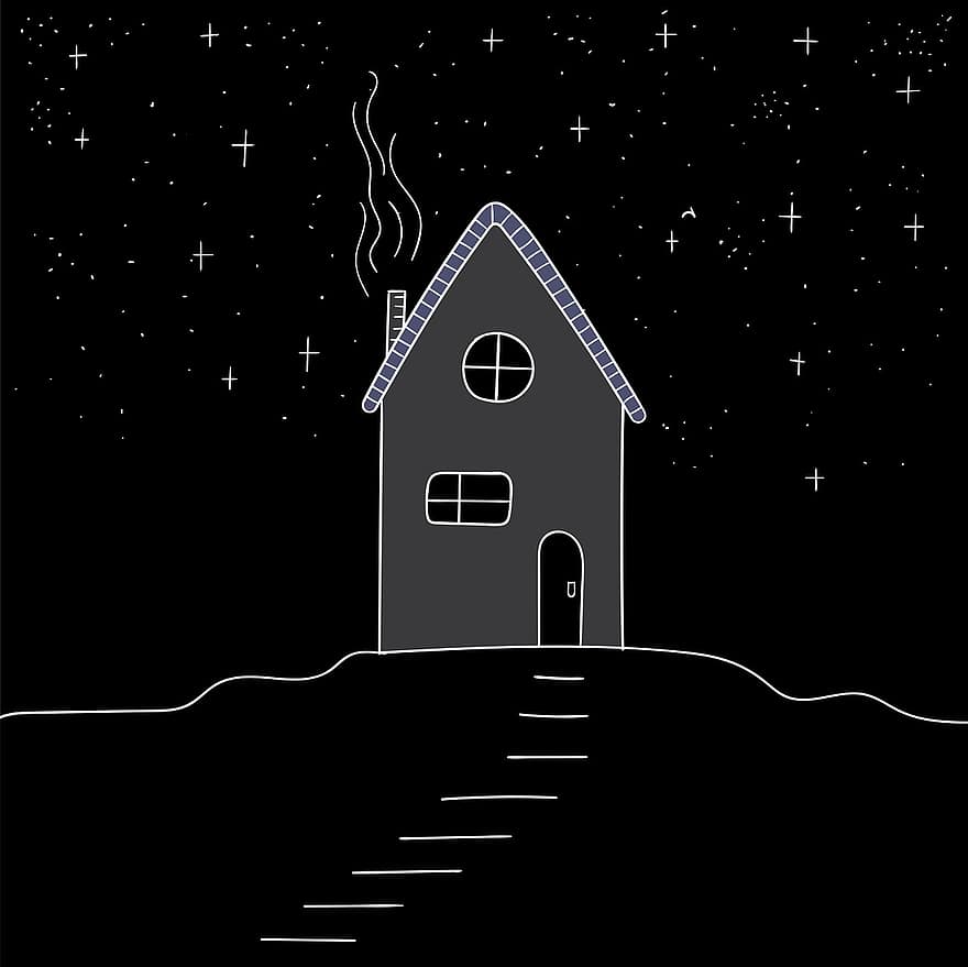 casa, noche, estrellas, cielo, estrellado, constelación, cielo nocturno, al aire libre, arquitectura, edificio, paisaje