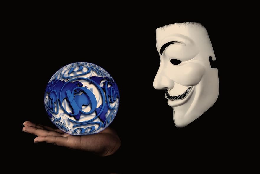 маска, интернет, анонимен, земно кълбо, мъж, лице, човек, въстание, демонстрация, политика, задължение