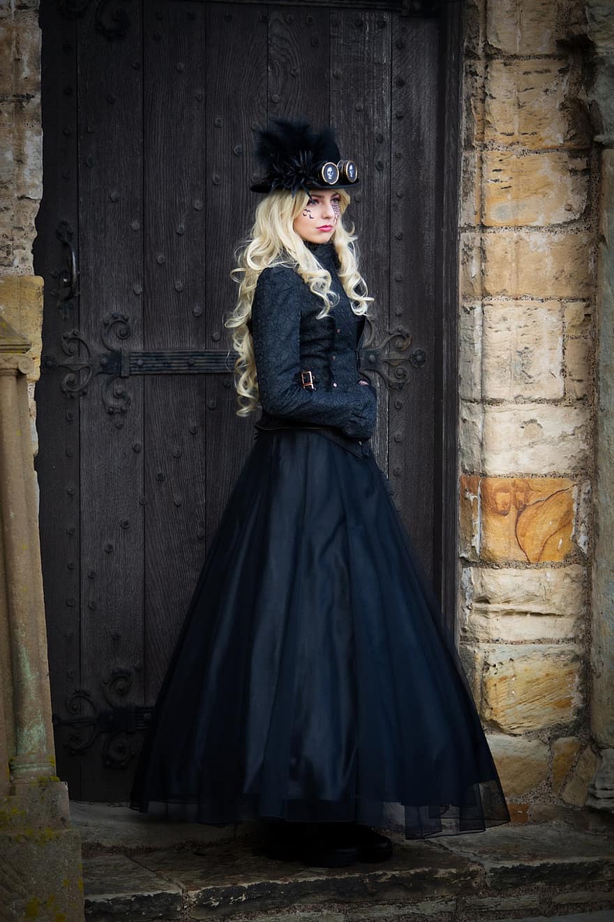 femeie, got, gotic, Steampunk, rochie neagra, misterios, întuneric, model, vechi, uşă, piatră