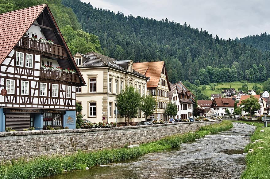 villaggio, cittadina, campagna, fiume, tradizionale, Europa, storico, graticcio, architettura, tetto, storia
