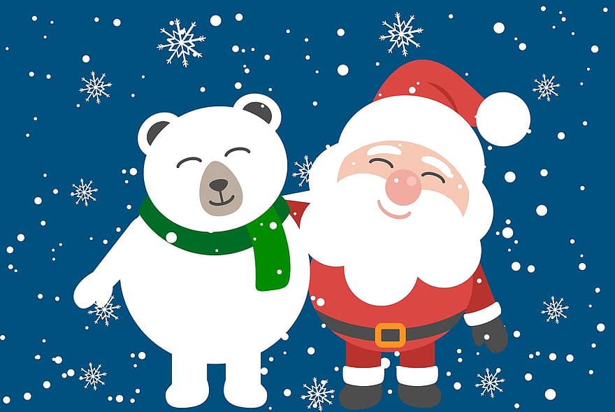 santa, oso polar, Navidad, nieve, copos de nieve, linda, saludo, tarjeta, clipart, polar, invierno