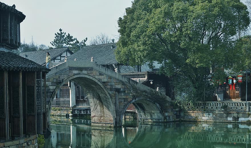 gamla stan, bro, Asien, Wuzhen, Xitang, Nanxun, känt ställe, arkitektur, vatten, historia, gammal