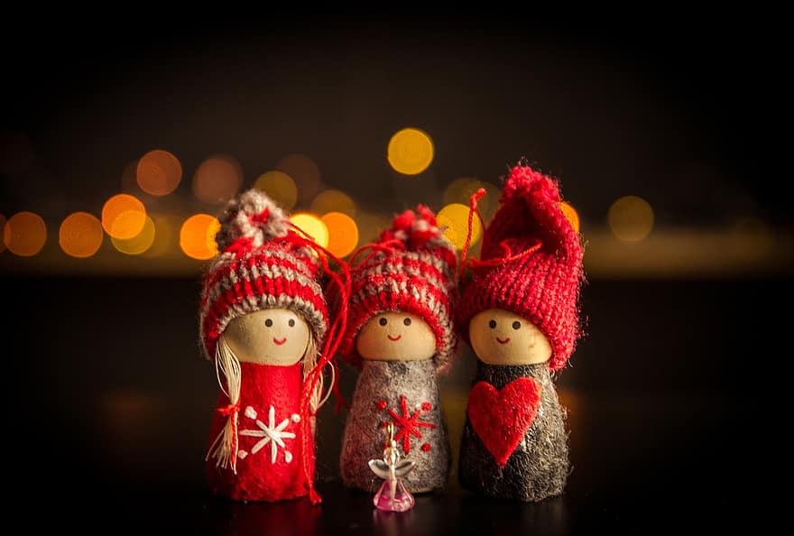 Natal, miniatura, boneca, mini, fofa, decoração, bokeh, fundo, desenhar, figura, festivo