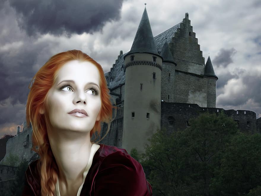 Nainen, nainen, keskiaikainen, fantasia, malli-, muotokuva, linna, keskiaikainen linna, Keskiaikainen nainen, taivas