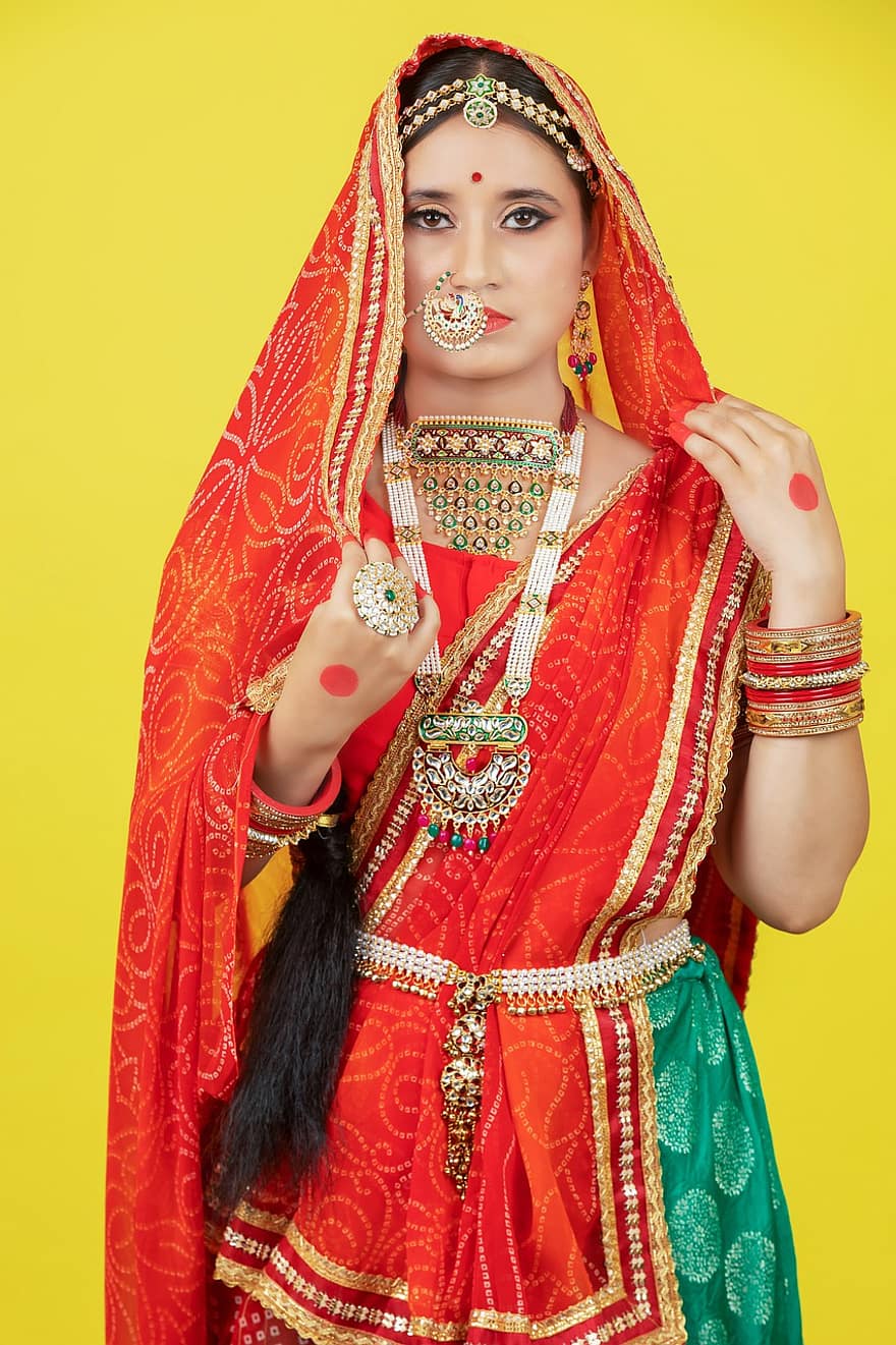 vrouw, bruid, jurk, traditie, cultuur, Indiaas, meisje, model-, aantrekkingskracht, pose, sari
