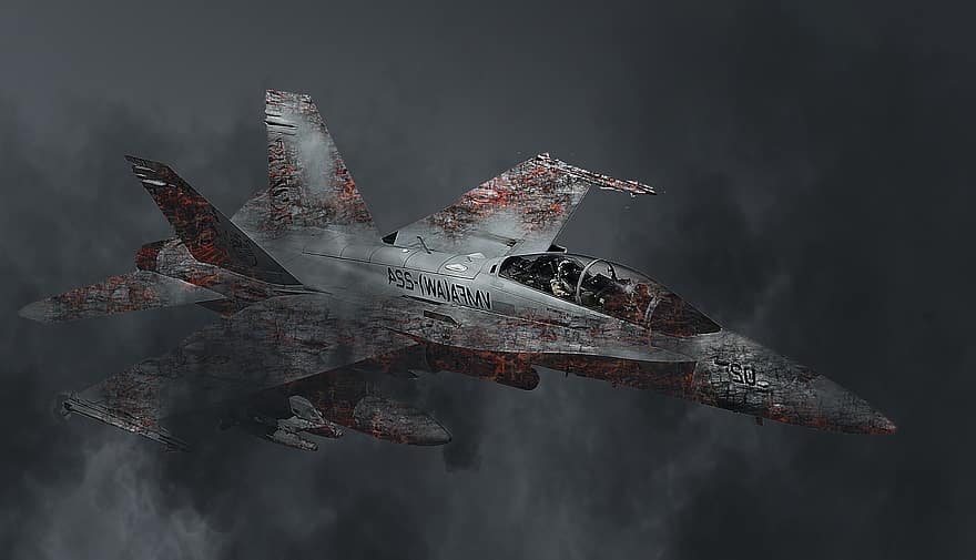 F-18 шершень, Морская пехота США, Корпус морской пехоты США, морская пехота, авиация, самолет, реактивный самолет, истребитель, сжигание, цифровая манипуляция, фотоискусство