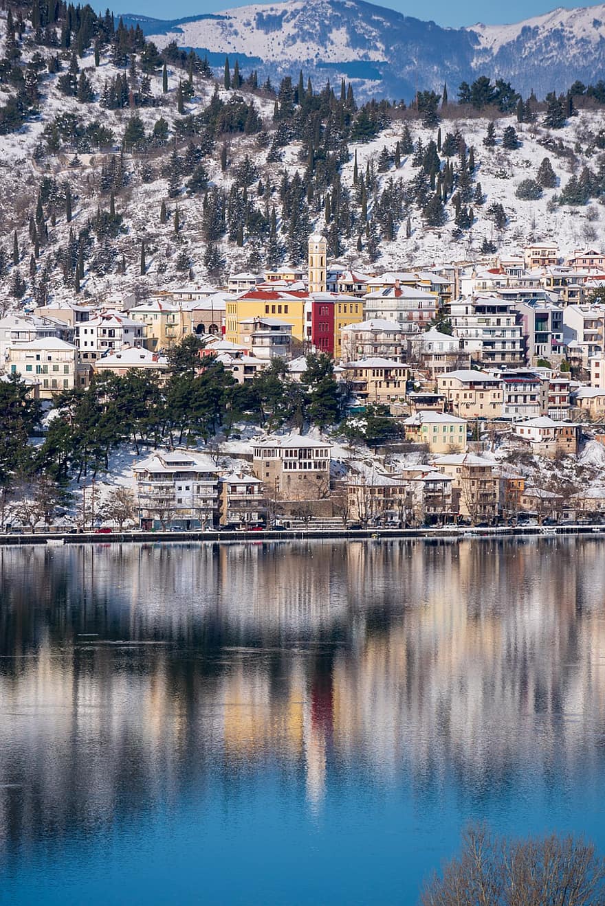 lago, agua, ciudad, Grecia, invierno, paisaje urbano, arquitectura, viaje, azul, lugar famoso, reflexión