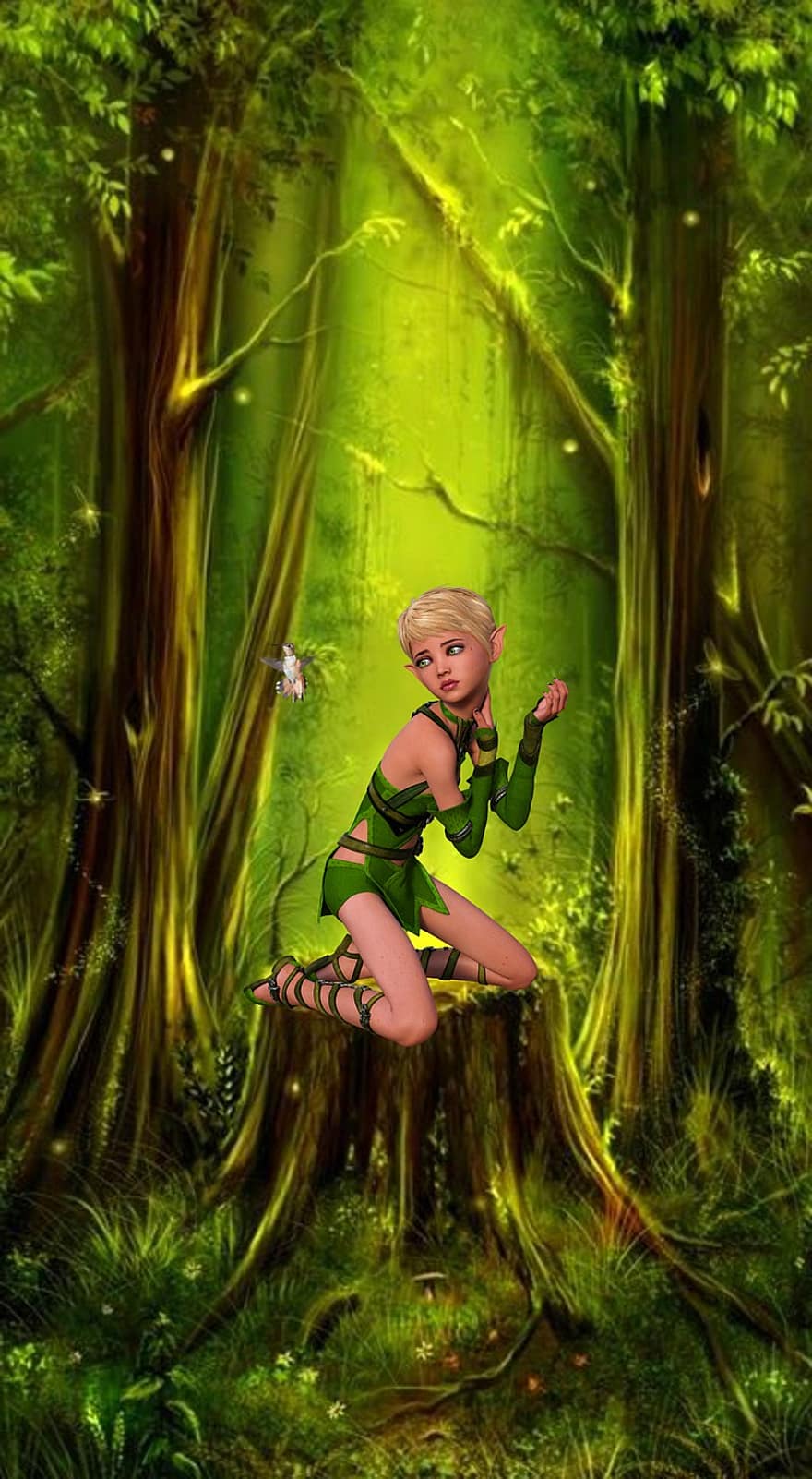elfs, meži, mītiska būtne, mistisks, fona, fantāzija