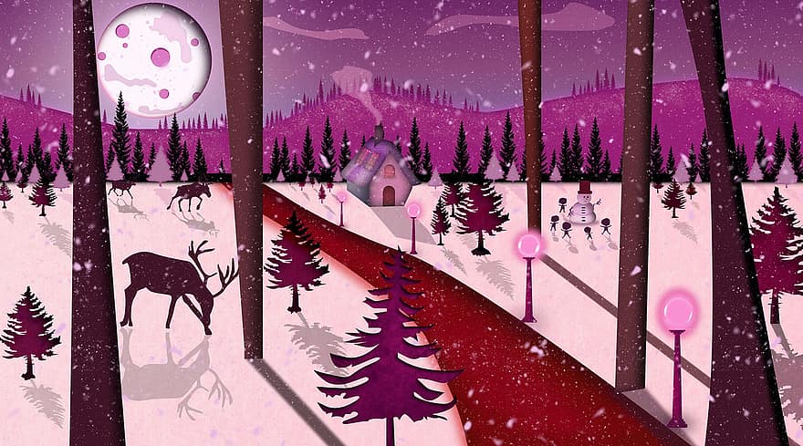 Background, Xmas, Christmas, Forest, Nature, Winter, Pink, Snow, Night