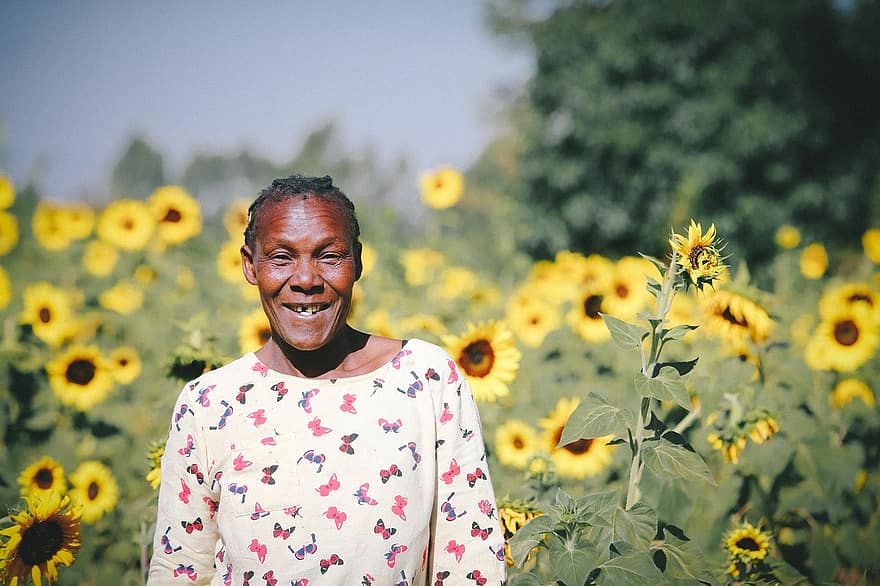 vrouw, glimlach, zonnebloemen, Afrikaanse, zwart, gelukkig, pose, veld-, park, buitenshuis