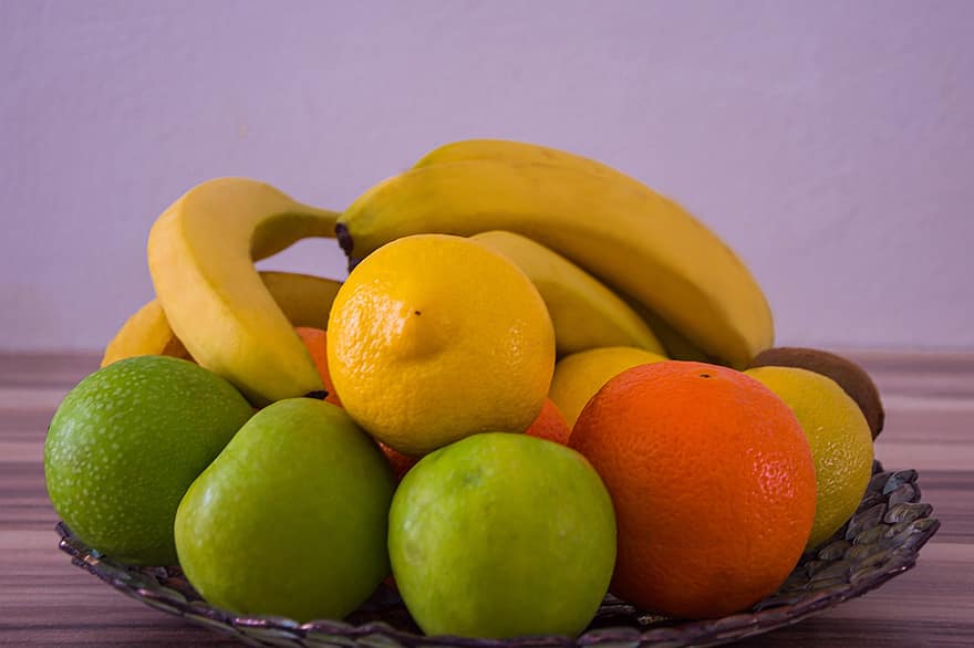 gyümölcsök, élelmiszer, egészséges, vitaminok, banán, narancs, alma, citrom, kiwi, friss, organikus