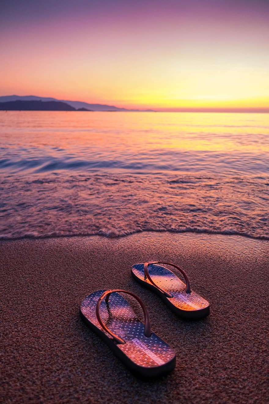 de praia, sandálias de dedo, por do sol, nascer do sol, costa, areia, Beira Mar, chinelos, sandálias, mar, oceano