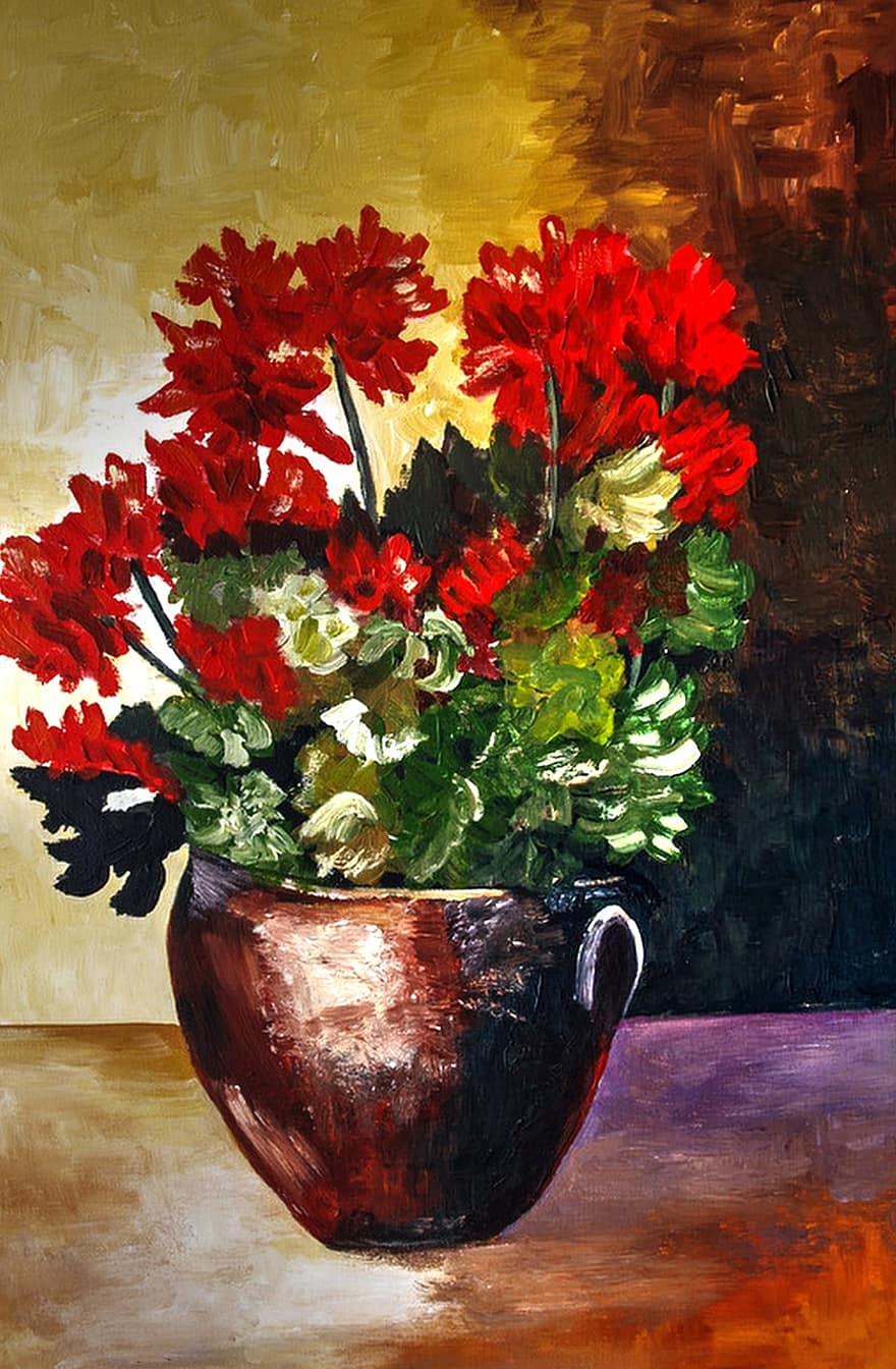 花で塗られた鍋、明るい、アクリル絵の具、ブラシストローク