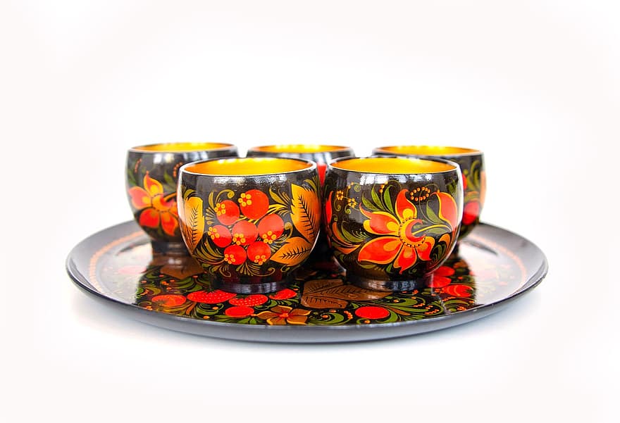 tasses, plateau, Khokhloma, des produits, La peinture, tasses en bois, vaisselle, en bois, traditionnel, art folklorique, russe