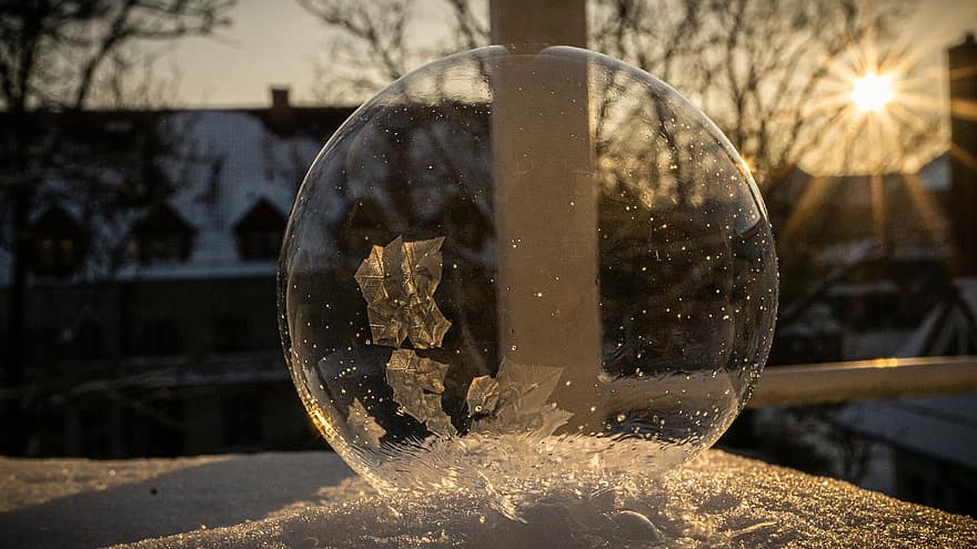 bublina, zamrzlý, sníh, světlo, slunečního světla, led, ledové krystaly, mráz, zimní, mýdlová bublina, míč