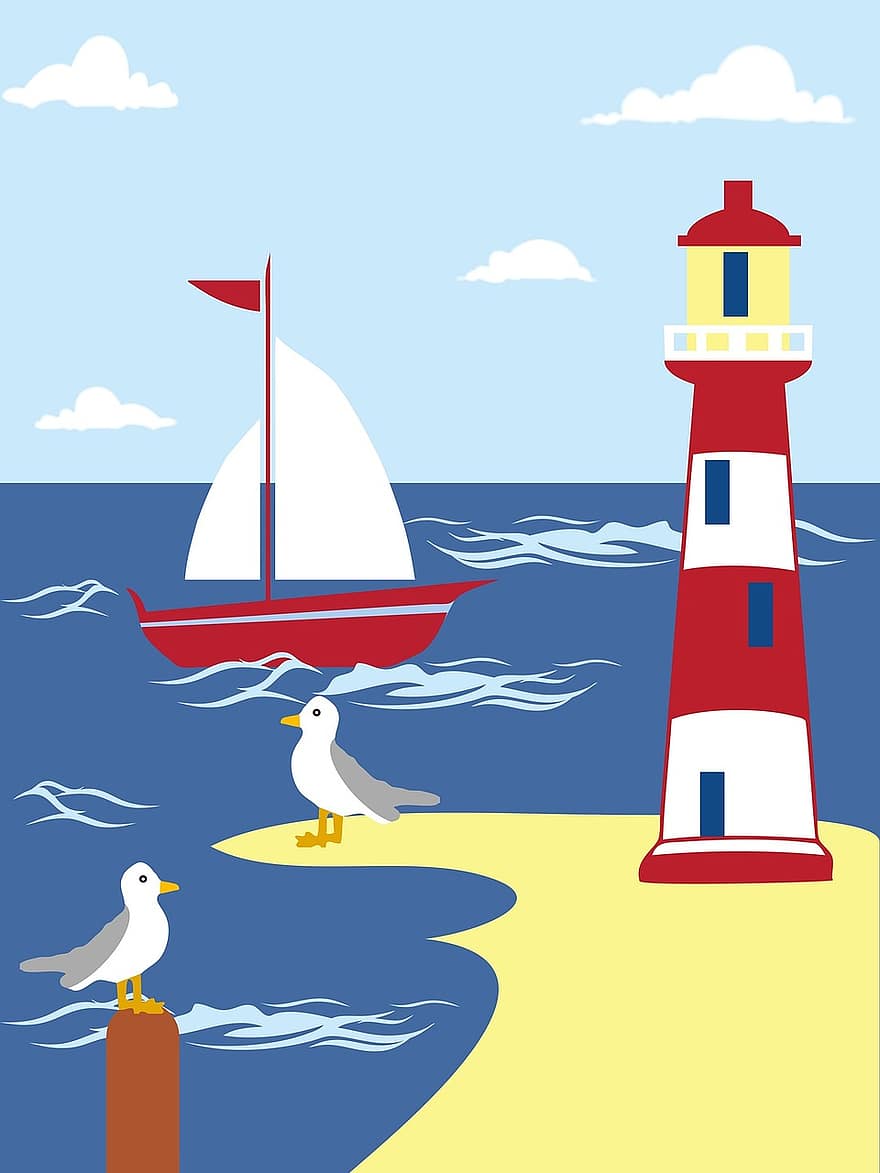 маяк, лодка, парусная лодка, море, океан, воды, навигационный, летом, пляж, синий, парусный спорт