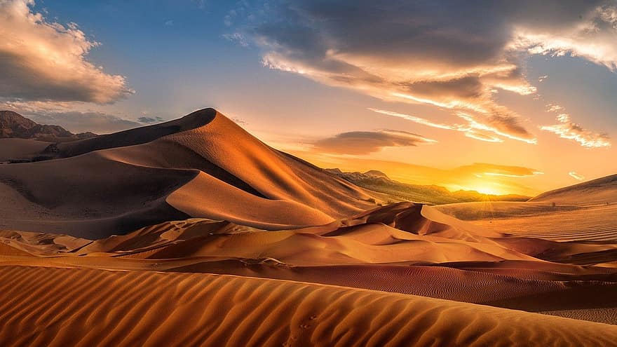 ørken, solnedgang, sanddyner, sand, landskap, sanddyne, sollys, fjell, tørke, soloppgang, Afrika