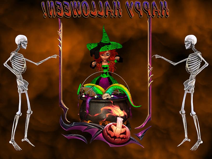 Hintergrund, Halloween, Hexe, Skelett, Kürbis, Fantasie, weiblich, Charakter, digitale Kunst