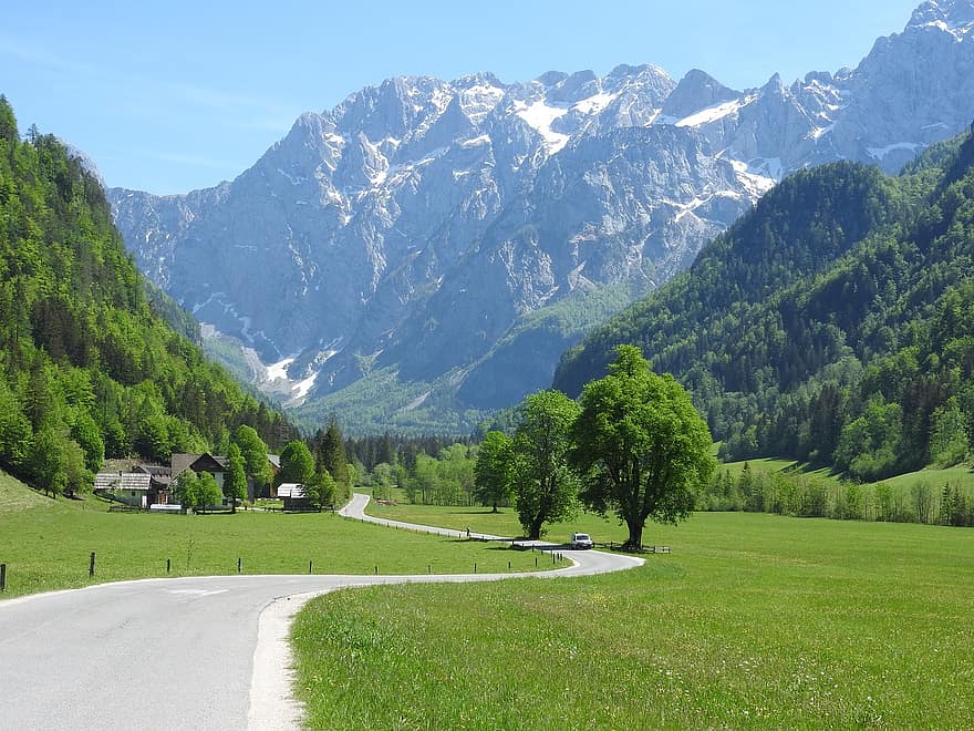 Vall de Logar, Eslovènia, vall, paisatge, naturalesa, panorama, muntanya, estiu, color verd, herba, prat