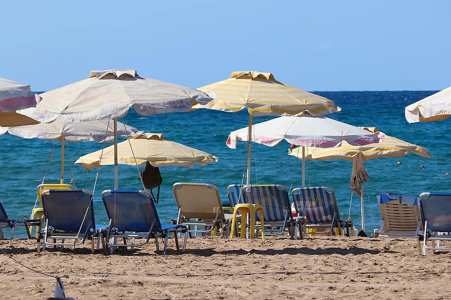de praia, recorrer, paraíso, ilha, período de férias, mar, cadeiras de praia, turismo, guarda-chuvas, Grécia