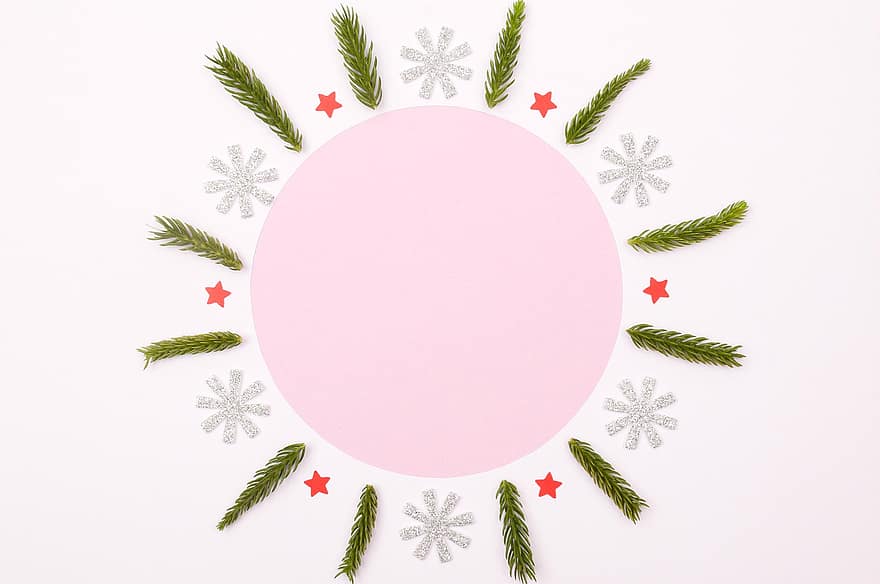 バックグラウンド、クリスマス、枠、境界、オーナメント、デコレーション、モミ枝、スノーフレーク、星、装飾、ピンク