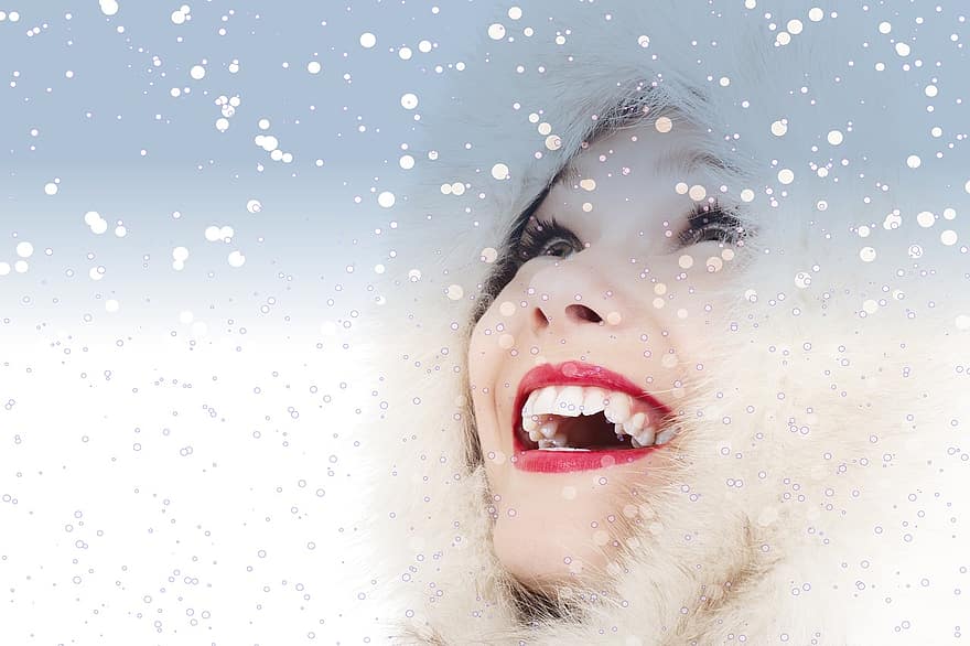 jul, sne, snefnug, vinter, pift, kold, is, smuk kvinde, grine, pels, lykkelig