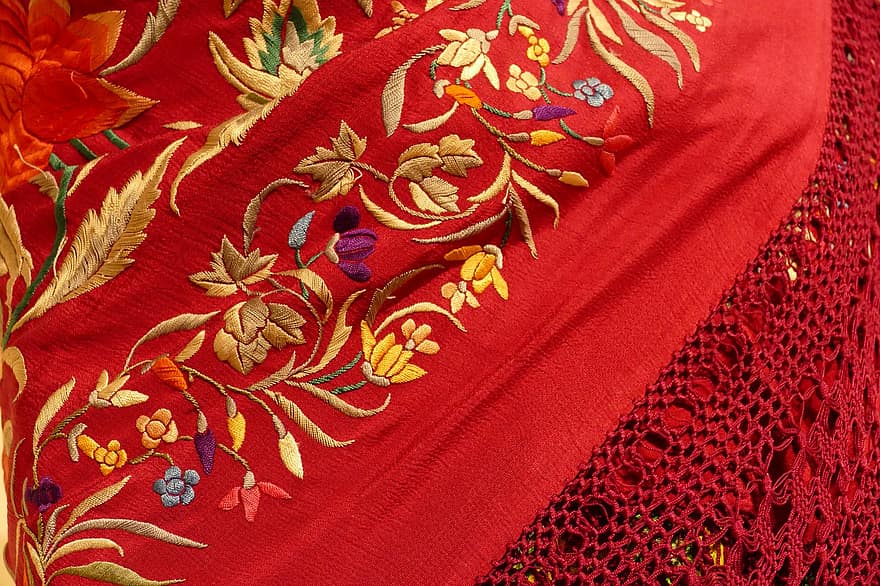 výšivka, červenou látkou, červená textilní, tkanina