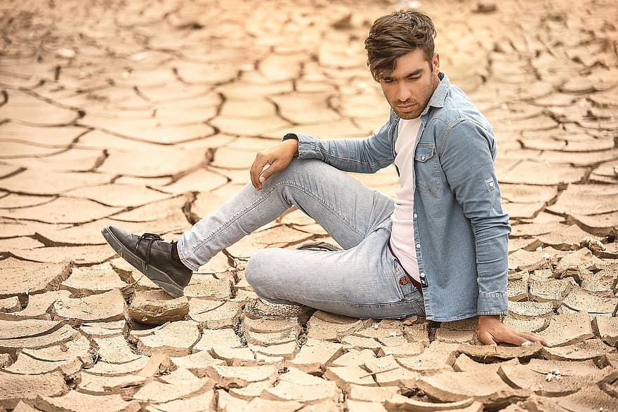 uomo, modello, ritratto, arido, erosione, terreno arido, denim, giacca di jeans, jeans, maschio, tipo