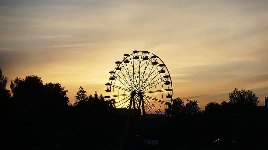 Ferris Wheel, Sunset, Sky, Silhouette, Amusement Ride, Amusement Park, Fair, Carnival, Tourist Attraction, Tourism