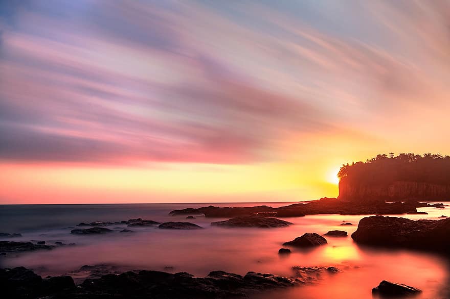 Jeokbyeokgang Cliff, meri, auringonlasku, auringonnousu, valtameri, vesi, rannikko, rantakallio, maisema, luonto, horisontti