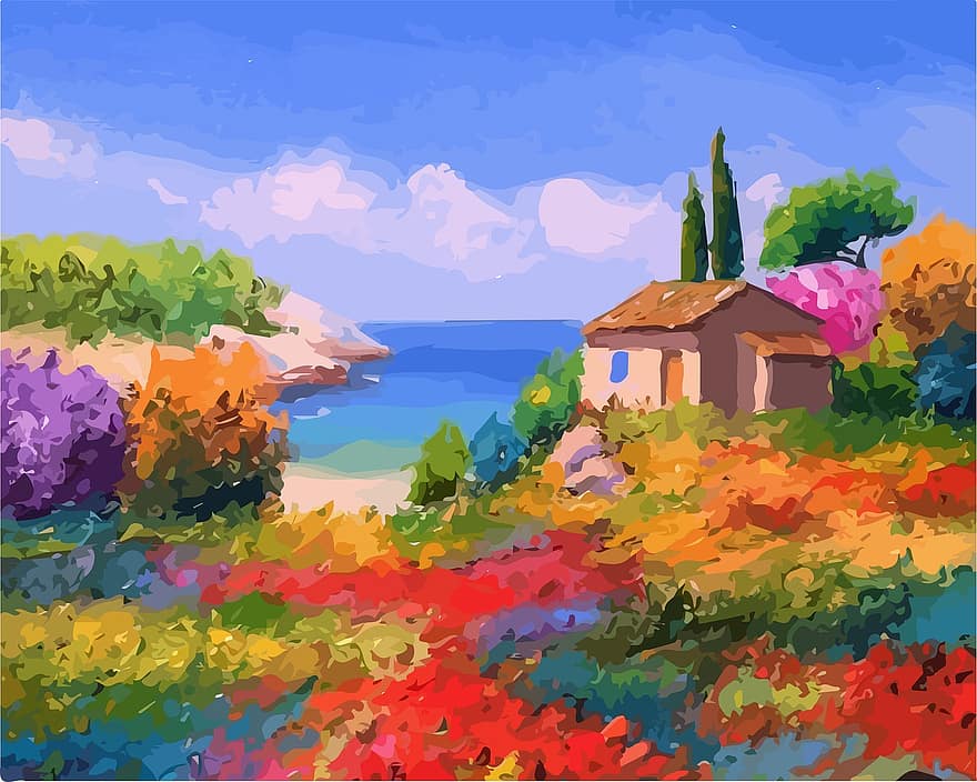 Nature, Coast, Oil Painting, Painting, House, Meadow, Flowers, Landscape, Beauty, Summer, Spring