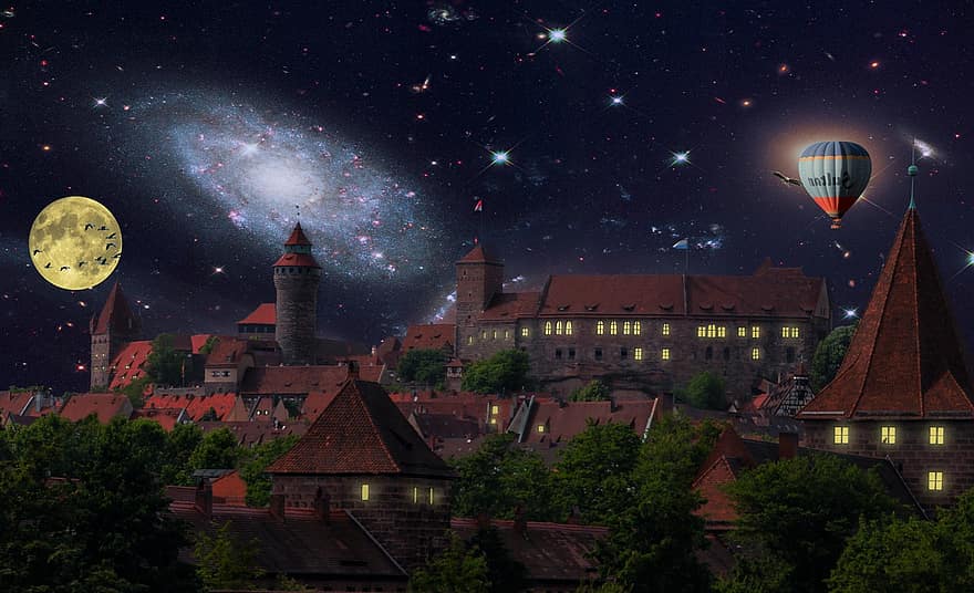 Nürnberg, slot, plads, måne, ballon, godnat, flyvende, nat, univers, stjerne, middelalderen