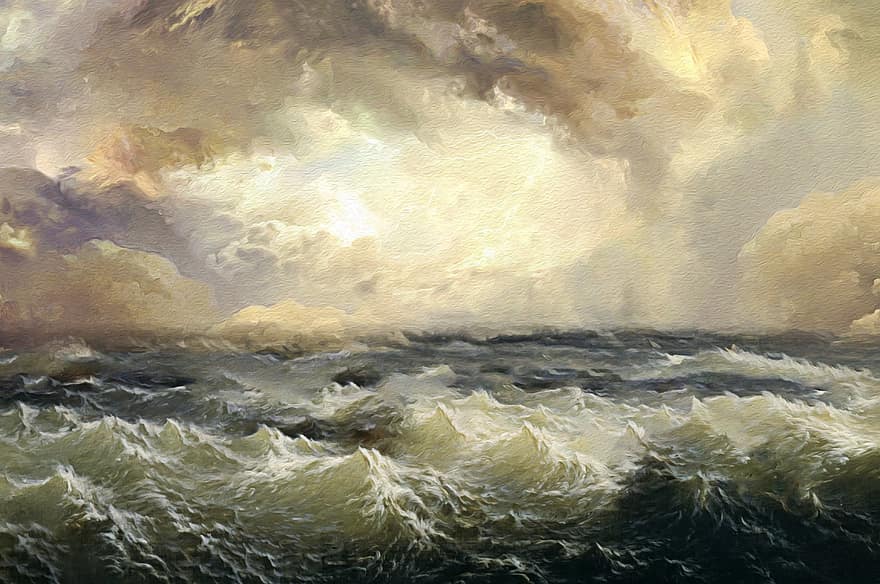 океану, хвилі, шторм, живопис, морський пейзаж, небо, море, фон, бурхливий, хмари